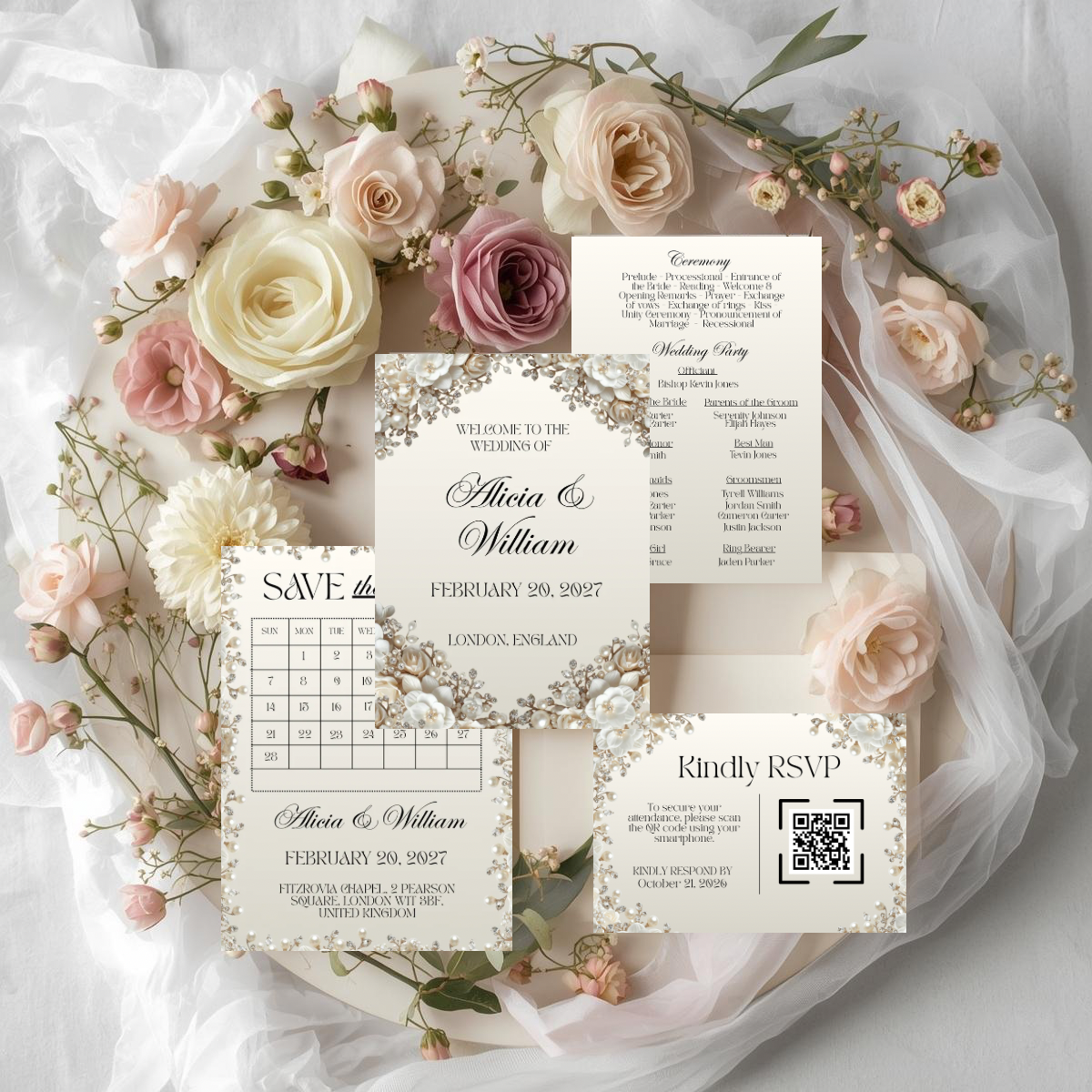 Luxe Pearl & Champagne Wedding Suite | The Pearl Edit | Editable Canva Template
