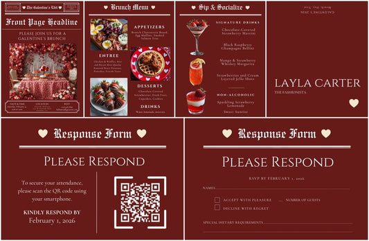 Galentine’s Brunch Event Suite Template | Luxury Editorial Newspaper Style Invitation, RSVP, Menu & Bar Menu | Canva