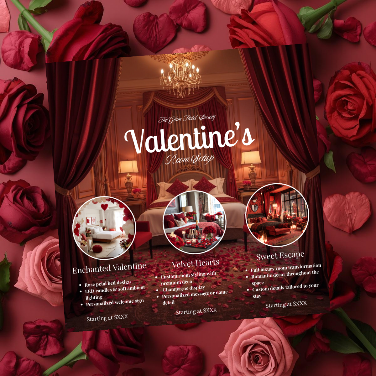 Valentine’s Room Setup Flyer | Velvet Luxe Room Decor Price List |Editable Canva Template for Service Packages