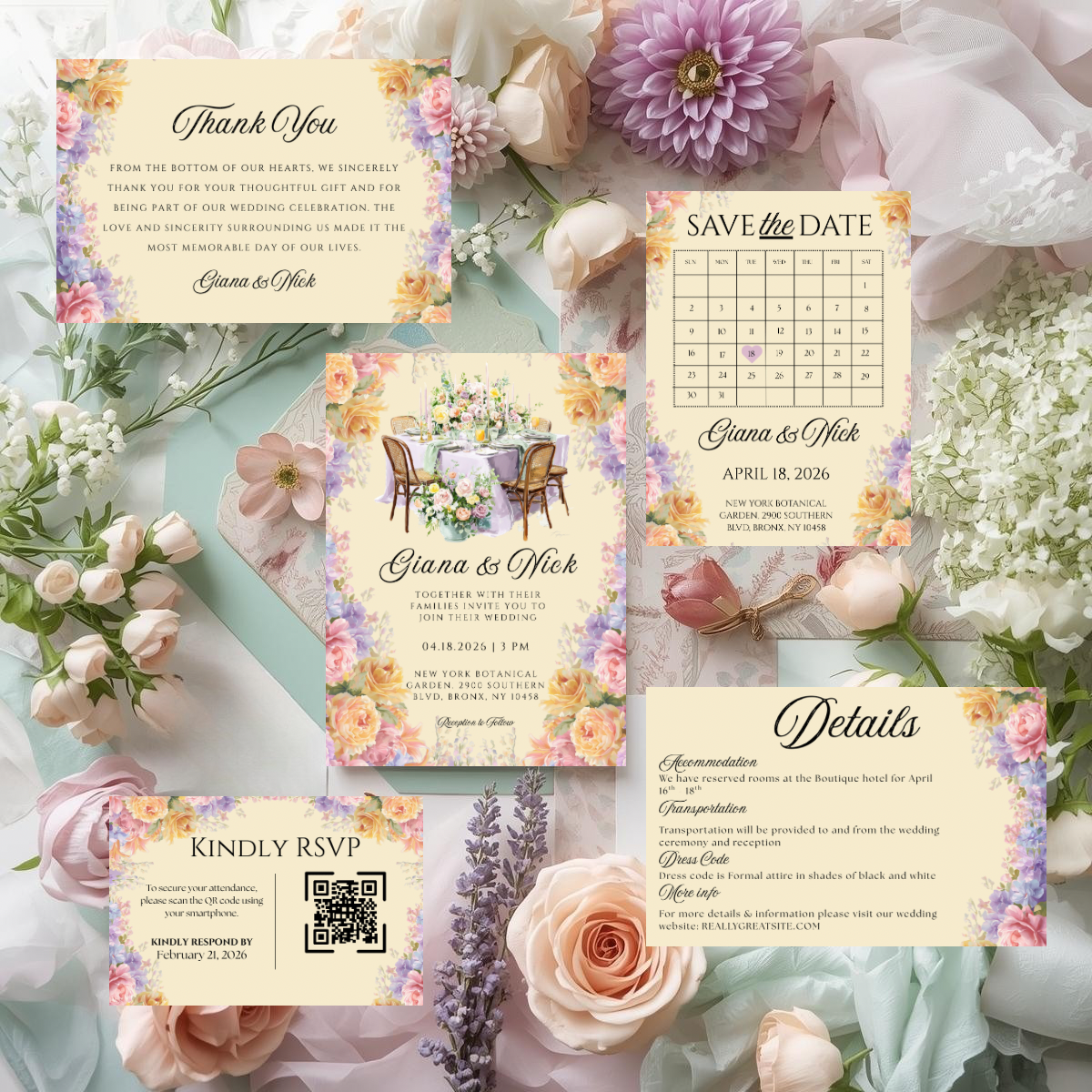 Romantic Floral Wedding Invitation Suite Canva Template | Editable Save the Date, RSVP, Details, Thank You