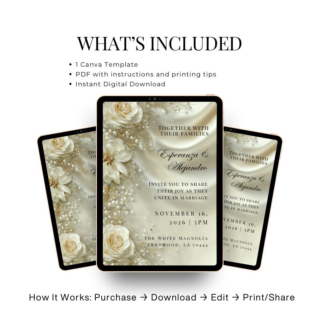 Luxury Satin & Pearl Wedding Invitation | Glamorous Bridal Invitation Template | Editable Canva Design