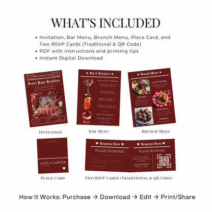 Galentine’s Brunch Event Suite Template | Luxury Editorial Newspaper Style Invitation, RSVP, Menu & Bar Menu | Canva