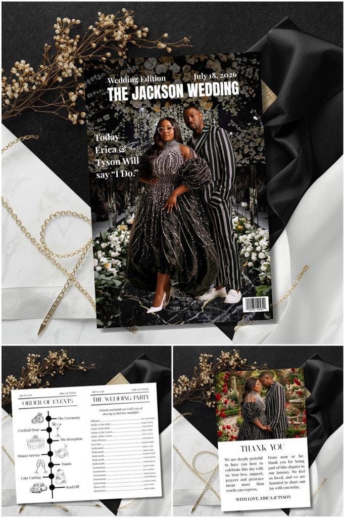Wedding magazine program collage showing cover, order of events, and thank-you pages