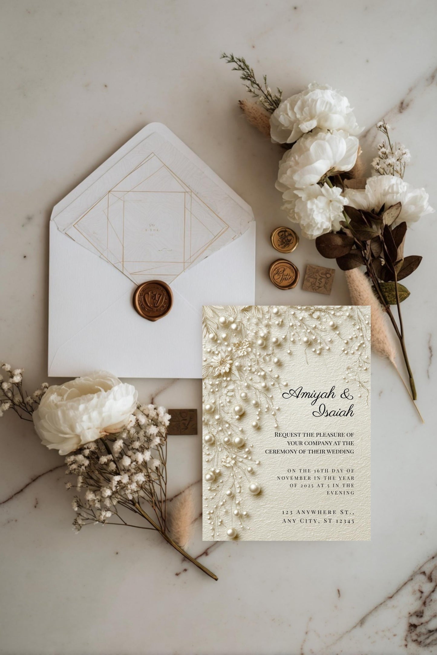 Pearl & Lace Wedding Invitation Template | Vintage Romantic Bridal Invite | Editable Canva Stationery