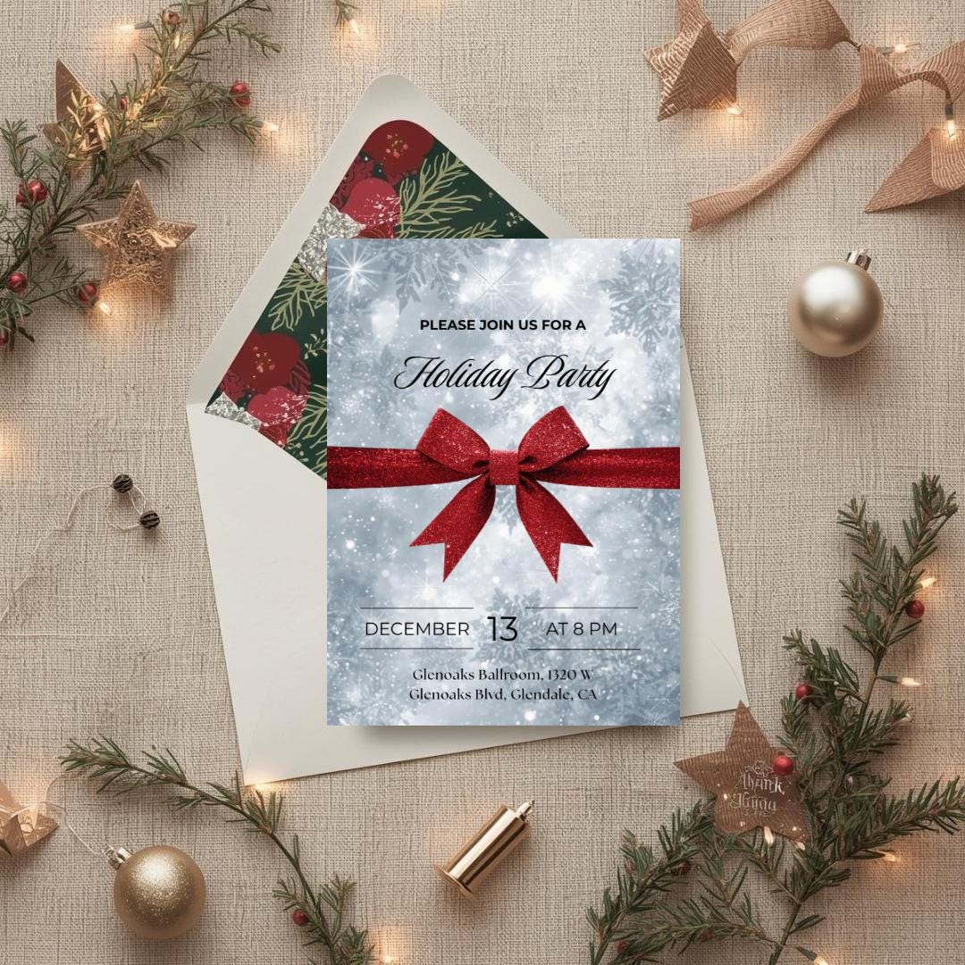 Classic Holiday Party Invitation | Red Bow & Snowflakes Canva Template
