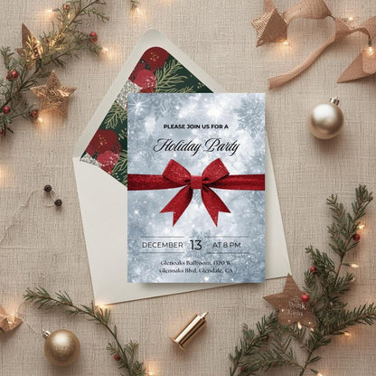 Classic Holiday Party Invitation | Red Bow & Snowflakes Canva Template