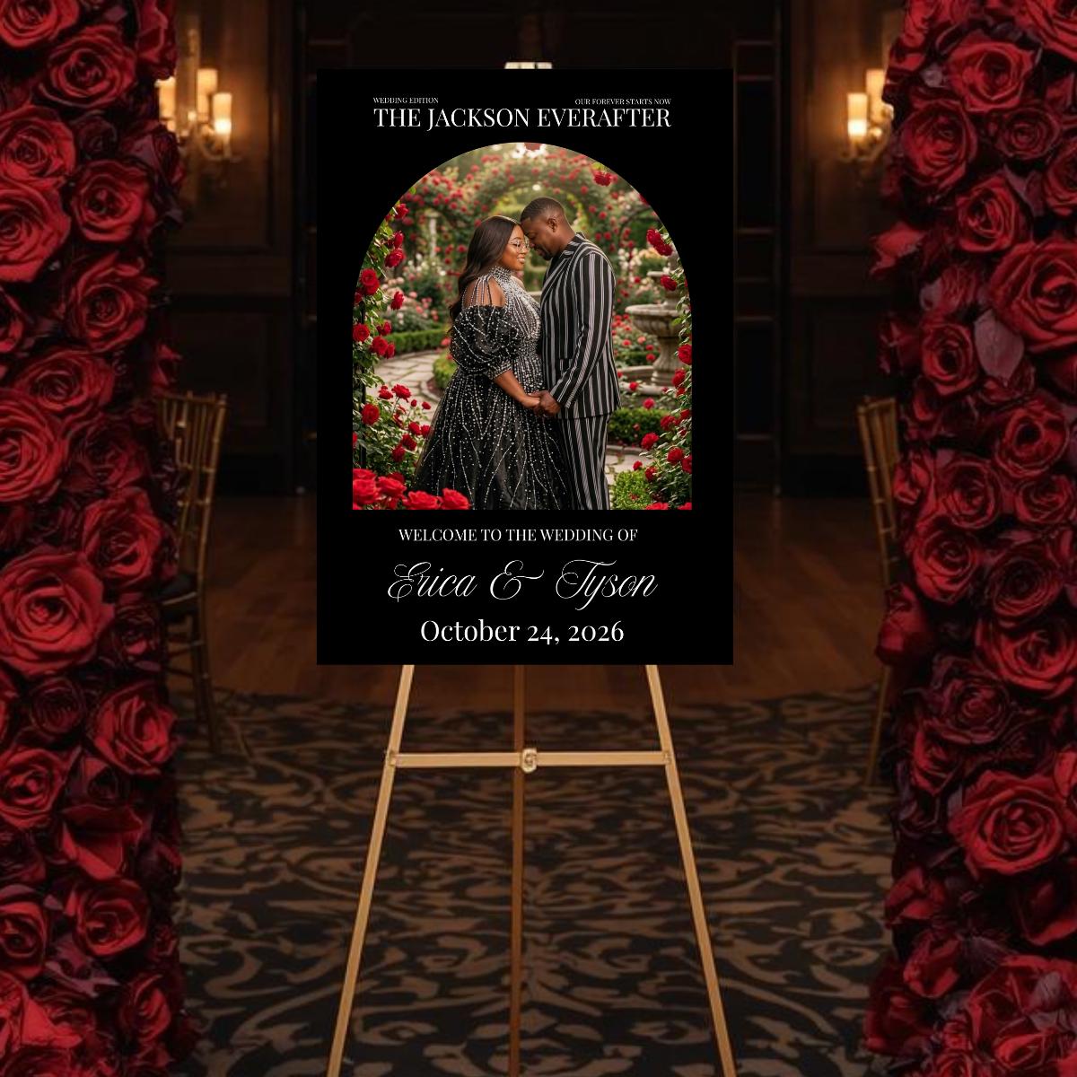 Wedding photo welcome sign template with couple under floral arch on easel