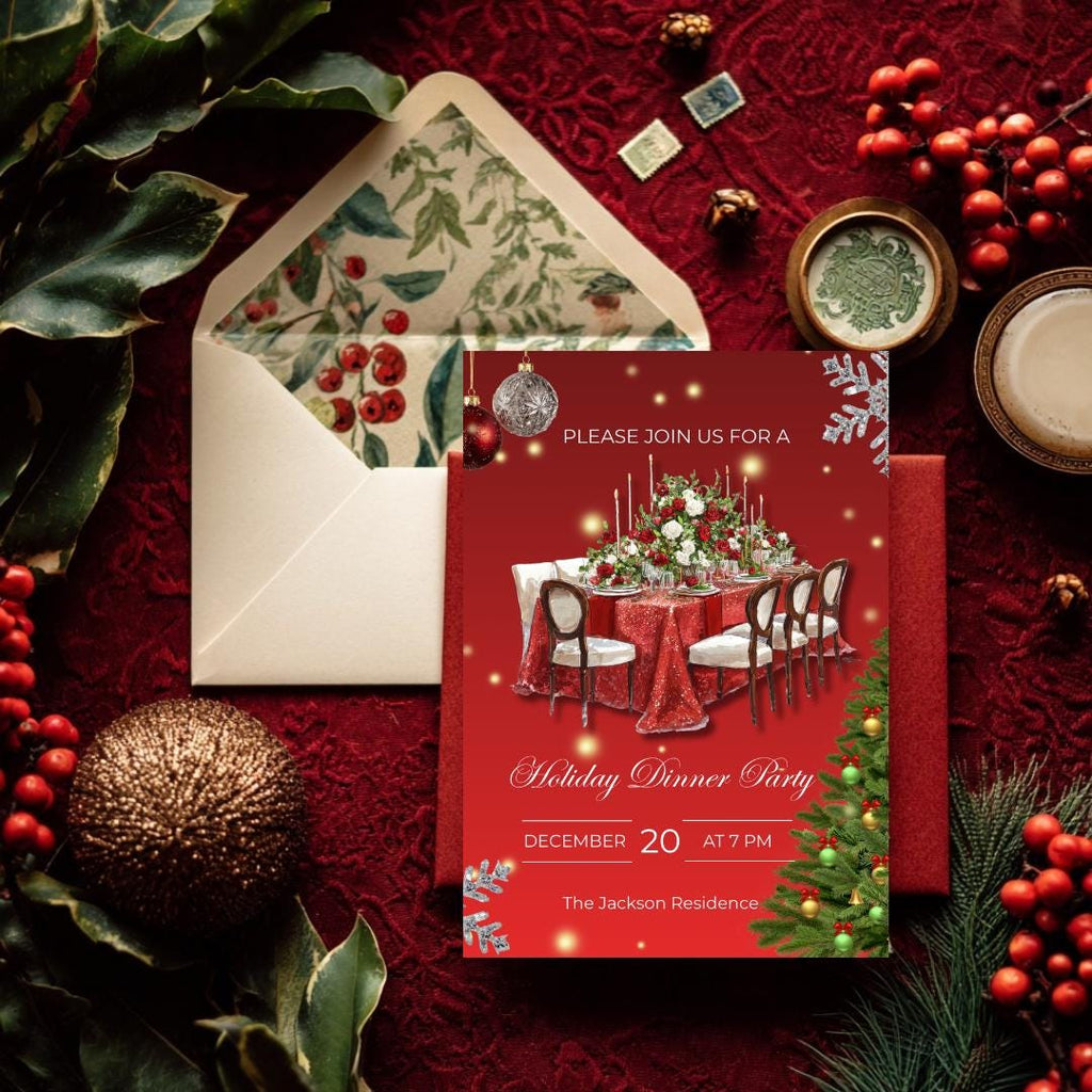 Holiday Dinner Party Invitation | Glam Christmas Dinner Invite | Elegant Red Christmas Party Template (Canva)