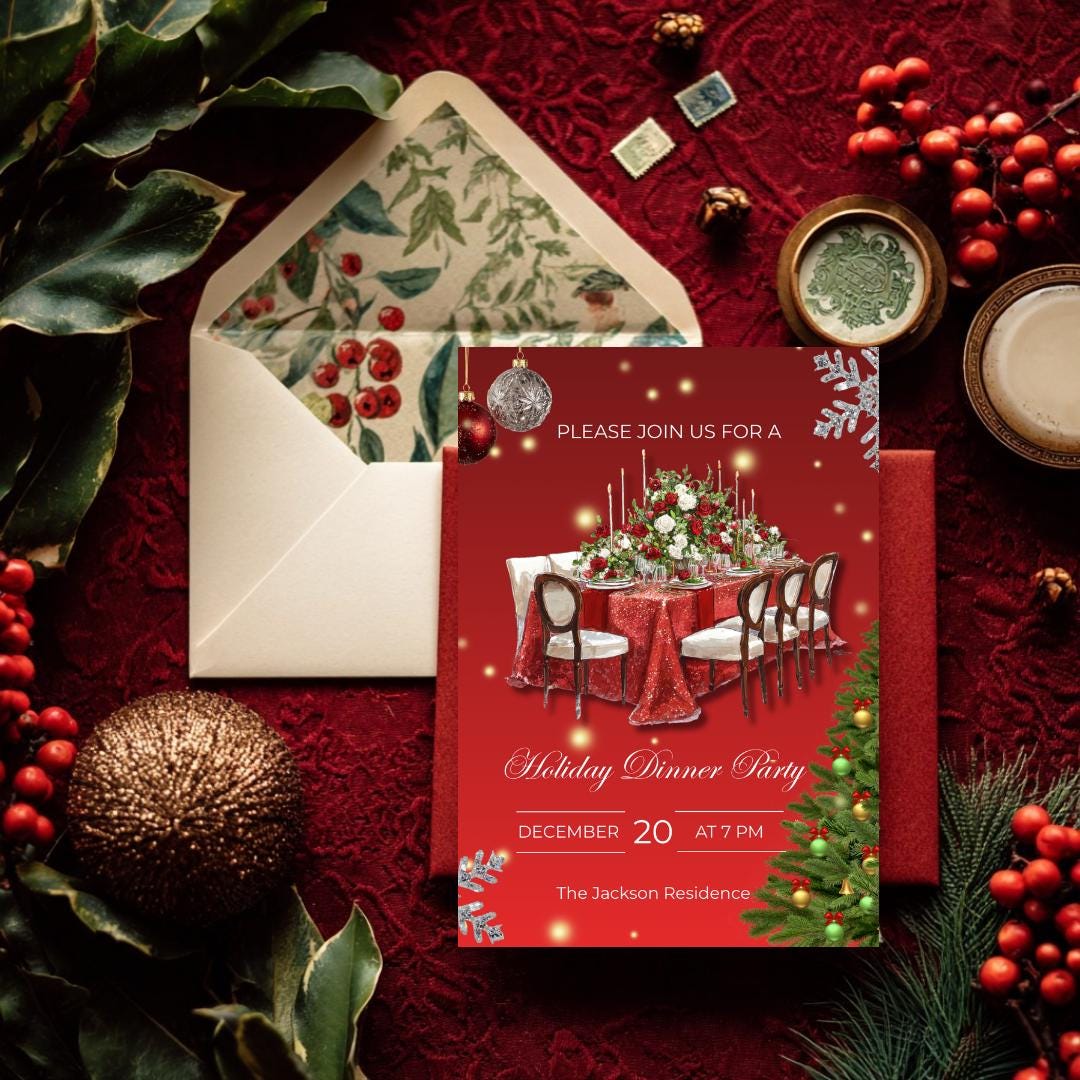 Holiday Dinner Party Invitation | Glam Christmas Dinner Invite | Elegant Red Christmas Party Template (Canva)