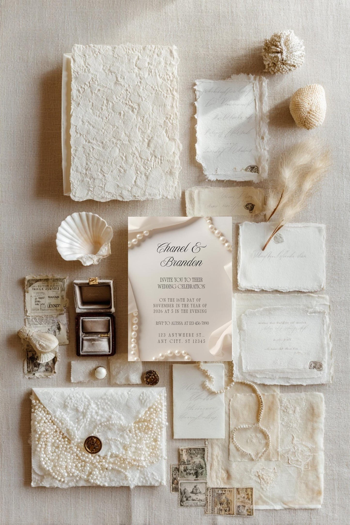 Minimal Pearl Wedding Invitation Template | Modern Elegant Bridal Suite | Editable Canva Invitation