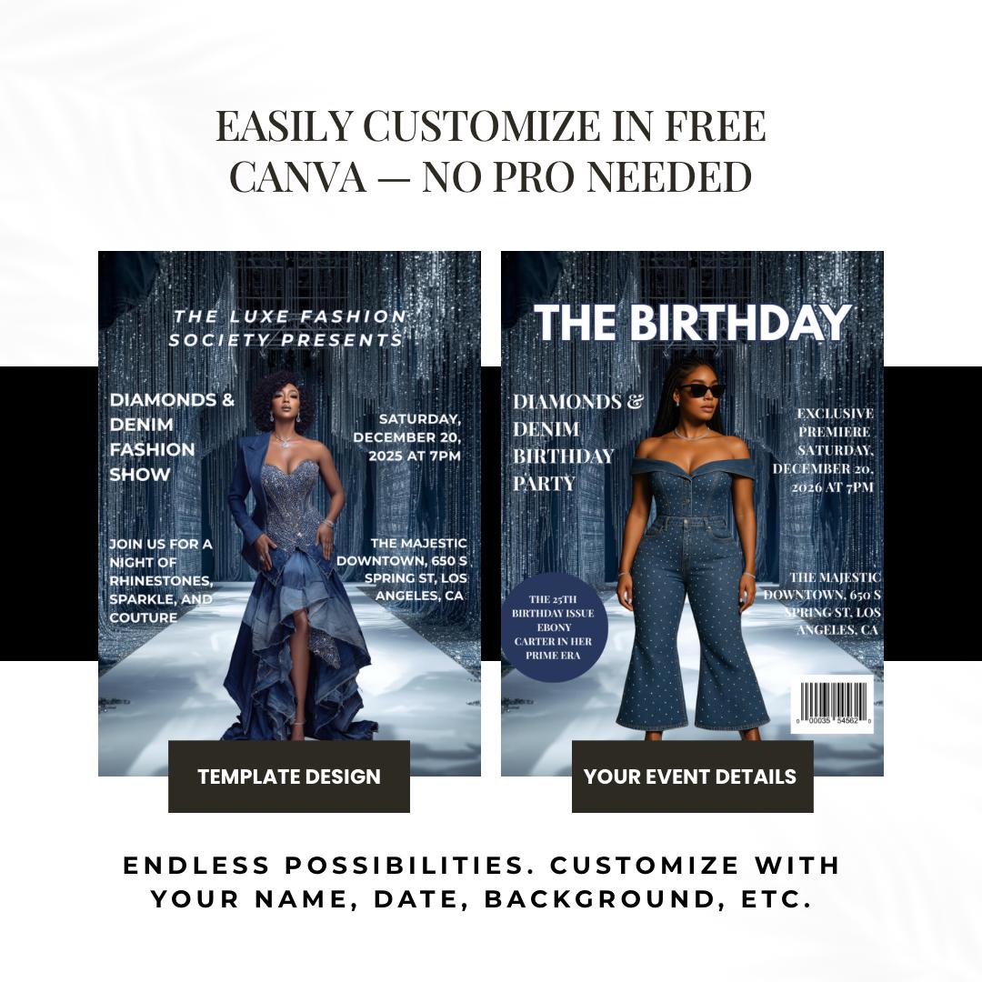 Diamonds & Denim Flyer Canva Template | Luxury Fashion Show Flyer | Editable Party Invite