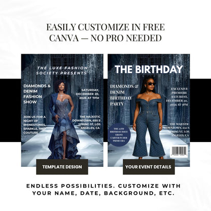 Diamonds & Denim Flyer Canva Template | Luxury Fashion Show Flyer | Editable Party Invite