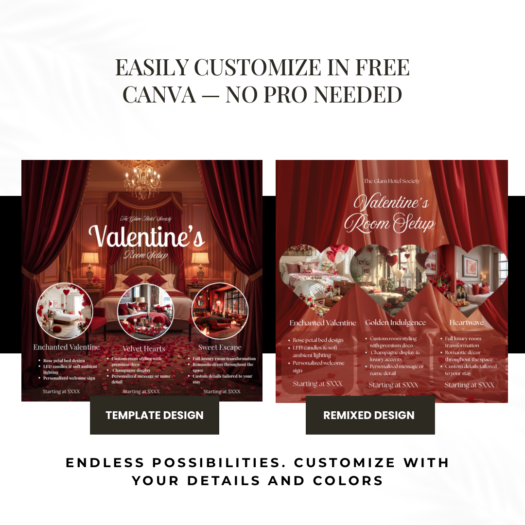 Valentine’s Room Setup Flyer | Velvet Luxe Room Decor Price List |Editable Canva Template for Service Packages