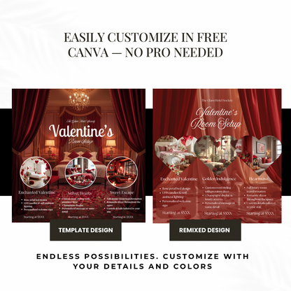 Valentine’s Room Setup Flyer | Velvet Luxe Room Decor Price List |Editable Canva Template for Service Packages