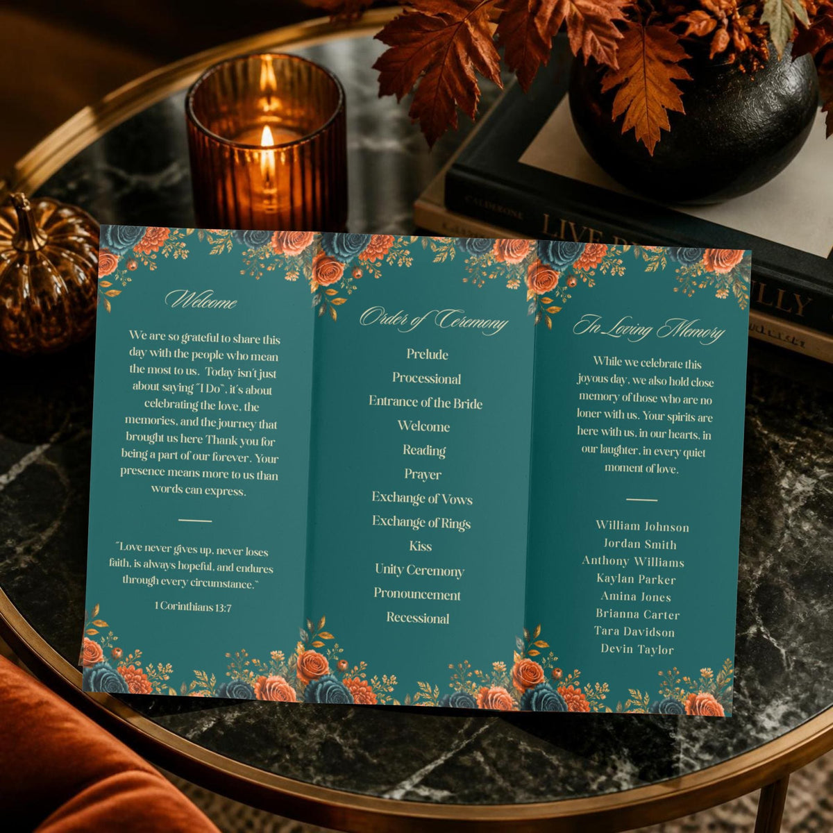Teal trifold wedding program open view with floral border and printed event details