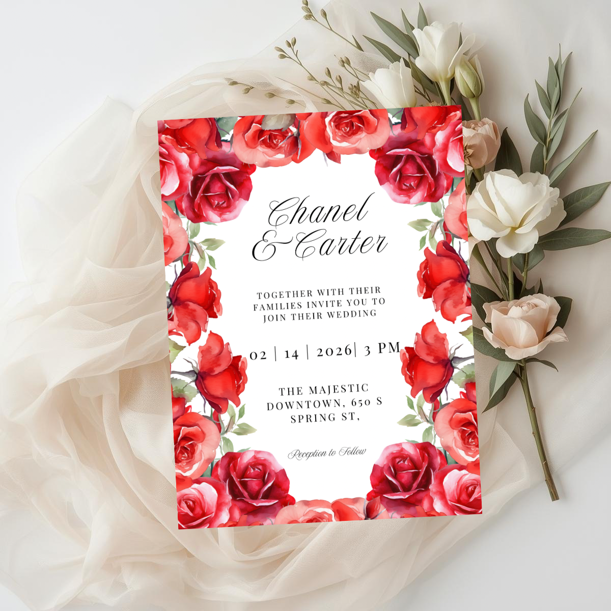 Red Rose Wedding Invitation Template | Romantic Floral Wedding Invitation | Editable Canva Wedding Invitations | Printable Invite Set