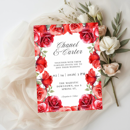 Red Rose Wedding Invitation Template | Romantic Floral Wedding Invitation | Editable Canva Wedding Invitations | Printable Invite Set