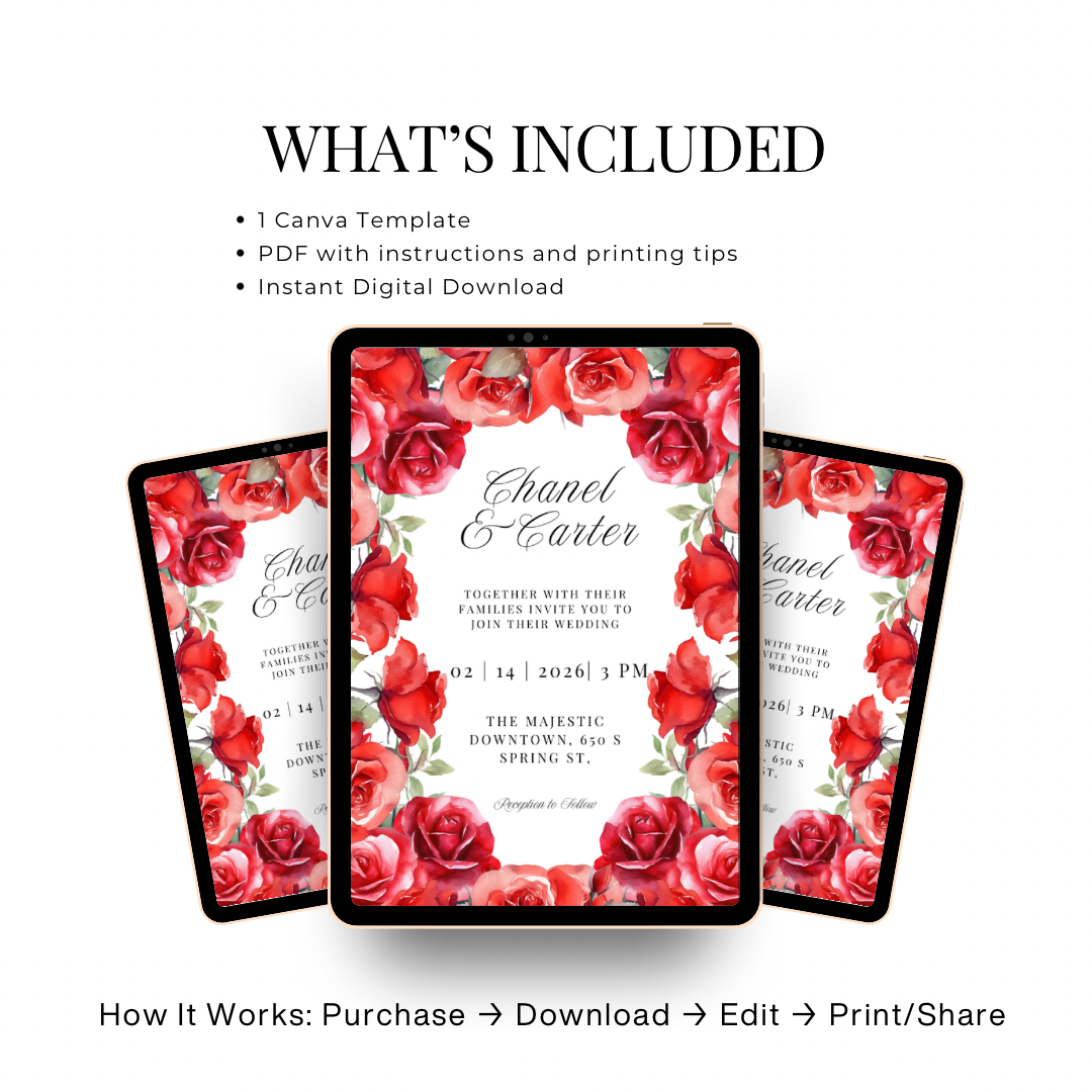 Red Rose Wedding Invitation Template | Romantic Floral Wedding Invitation | Editable Canva Wedding Invitations | Printable Invite Set