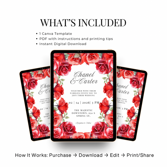 Red Rose Wedding Invitation Template | Romantic Floral Wedding Invitation | Editable Canva Wedding Invitations | Printable Invite Set