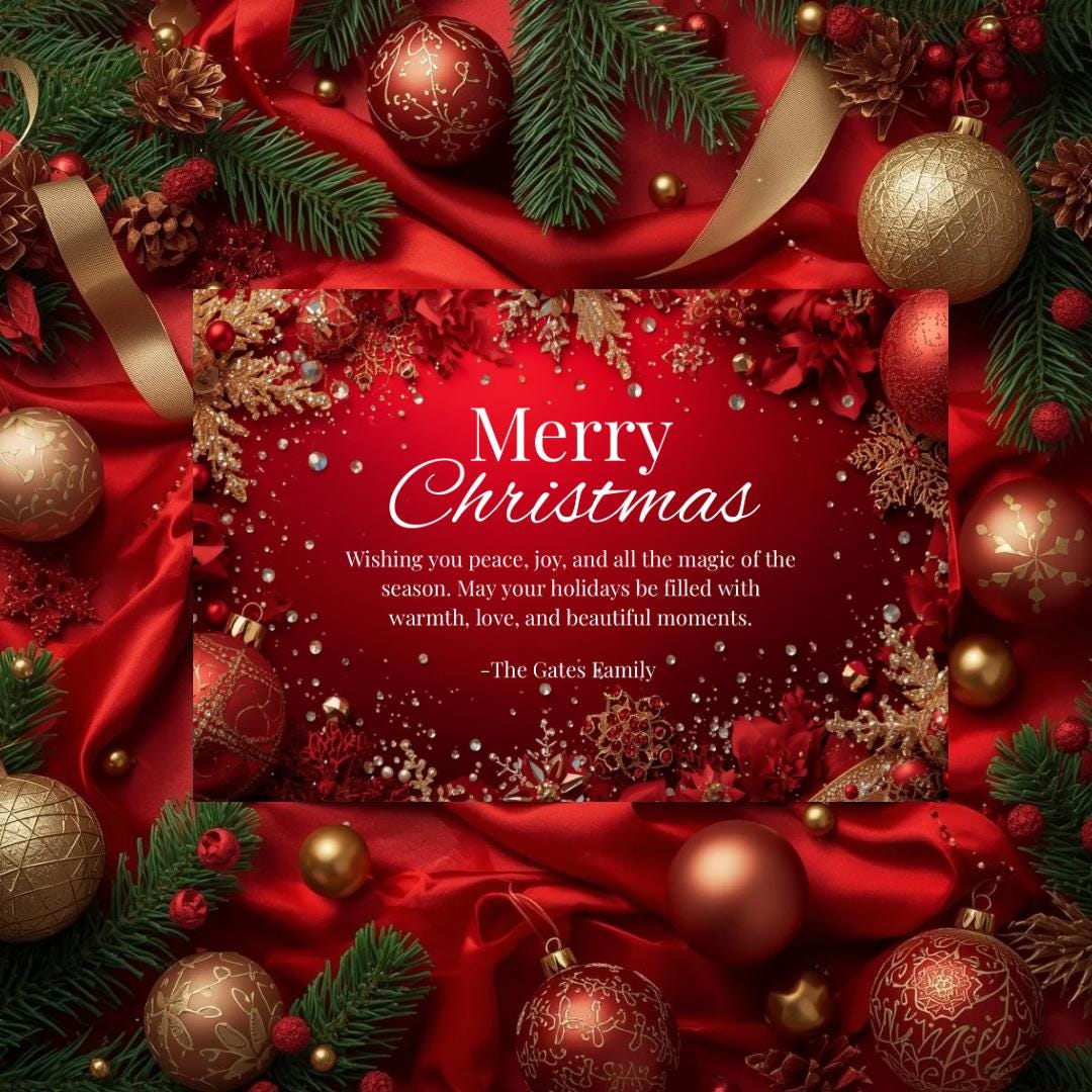 Red and gold Christmas card with 'Merry Christmas' lettering and festive border