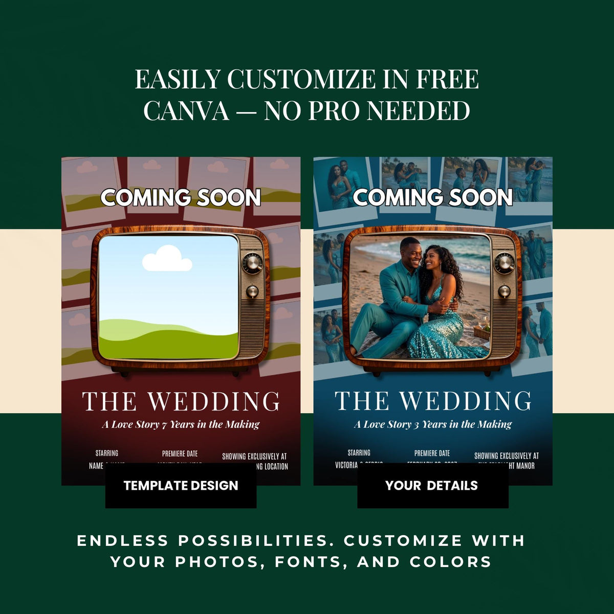 Two wedding movie poster template previews with photo window and “Coming soon” text