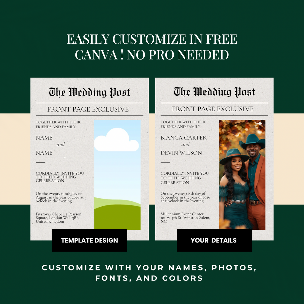 Editorial Newspaper Wedding Invitation Canva Template | Modern Wedding Invite | 5x7 Printable