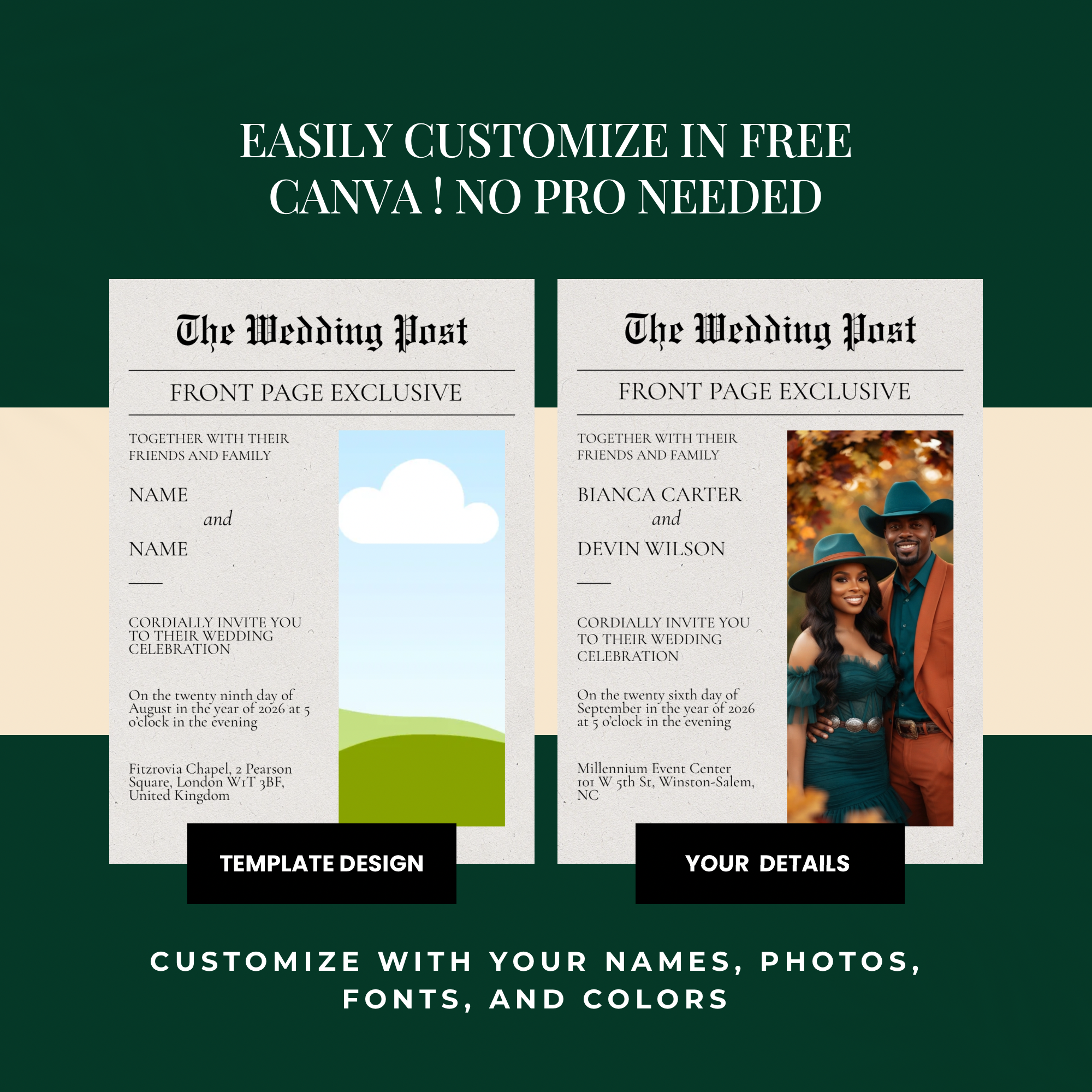 Editorial Newspaper Wedding Invitation Canva Template | Modern Wedding Invite | 5x7 Printable