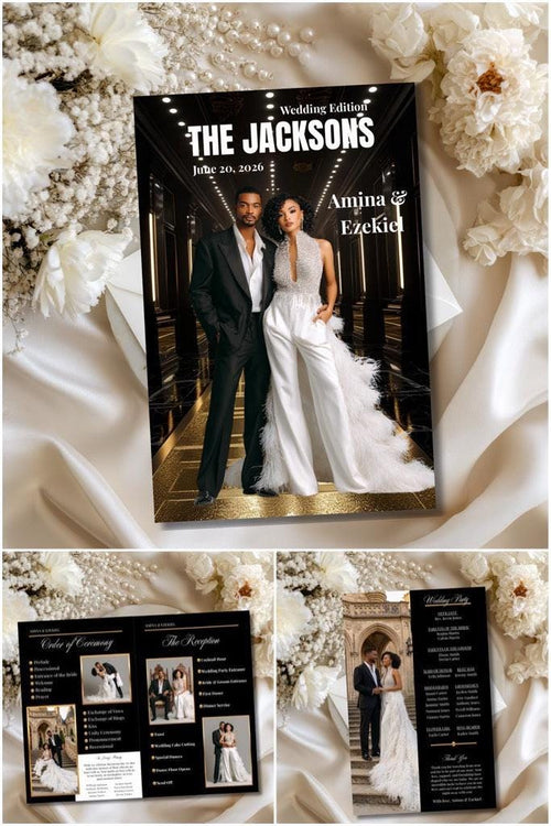 Black wedding program cover card with couple photo, date, and names in gold text