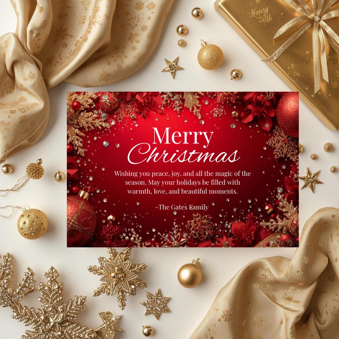 Red Christmas card centered with 'Merry Christmas' script and gold holiday accents