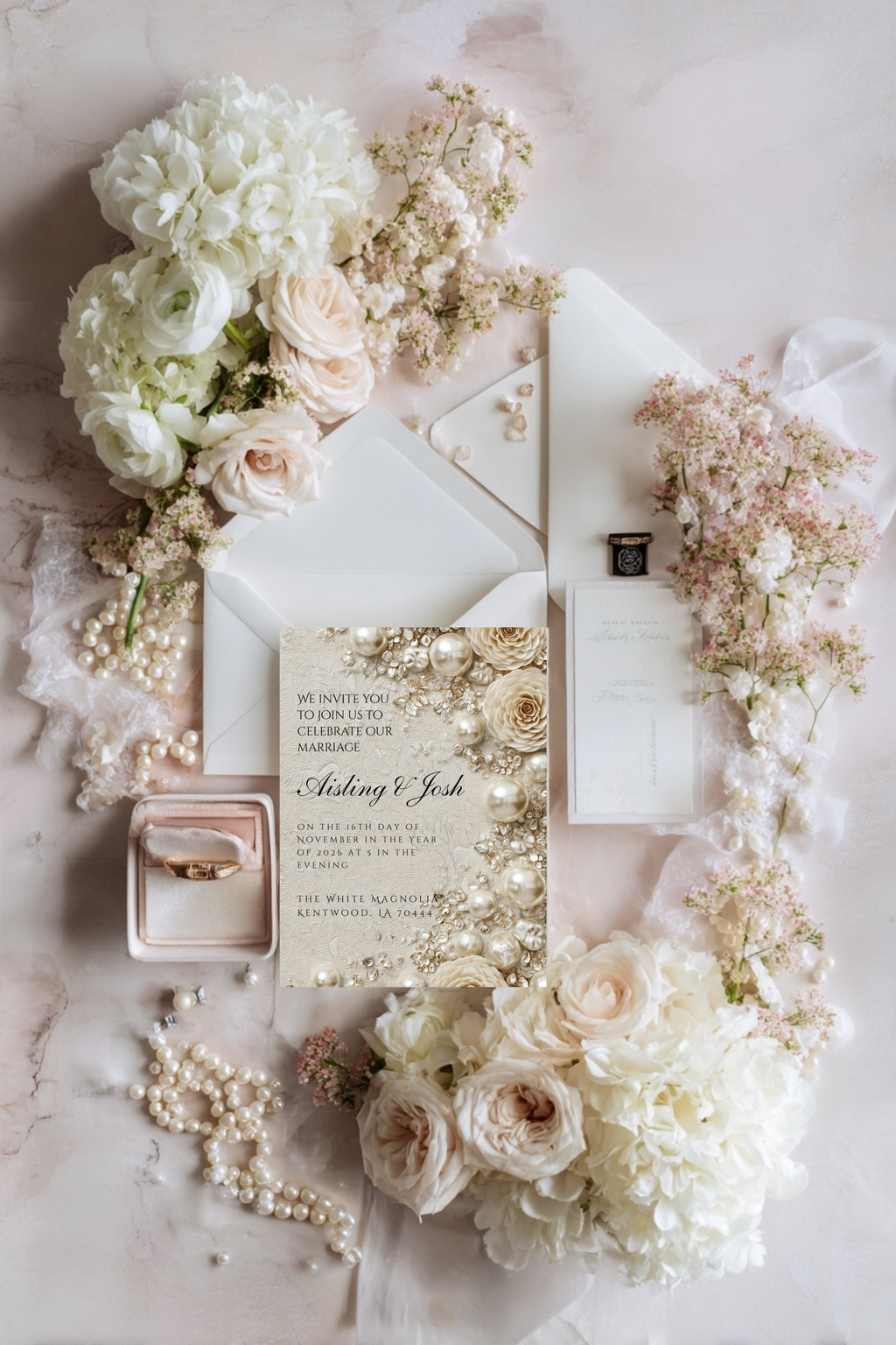 Pearl Wedding Invitation Template | Timeless Romantic Bridal Invitation | Editable Canva Design