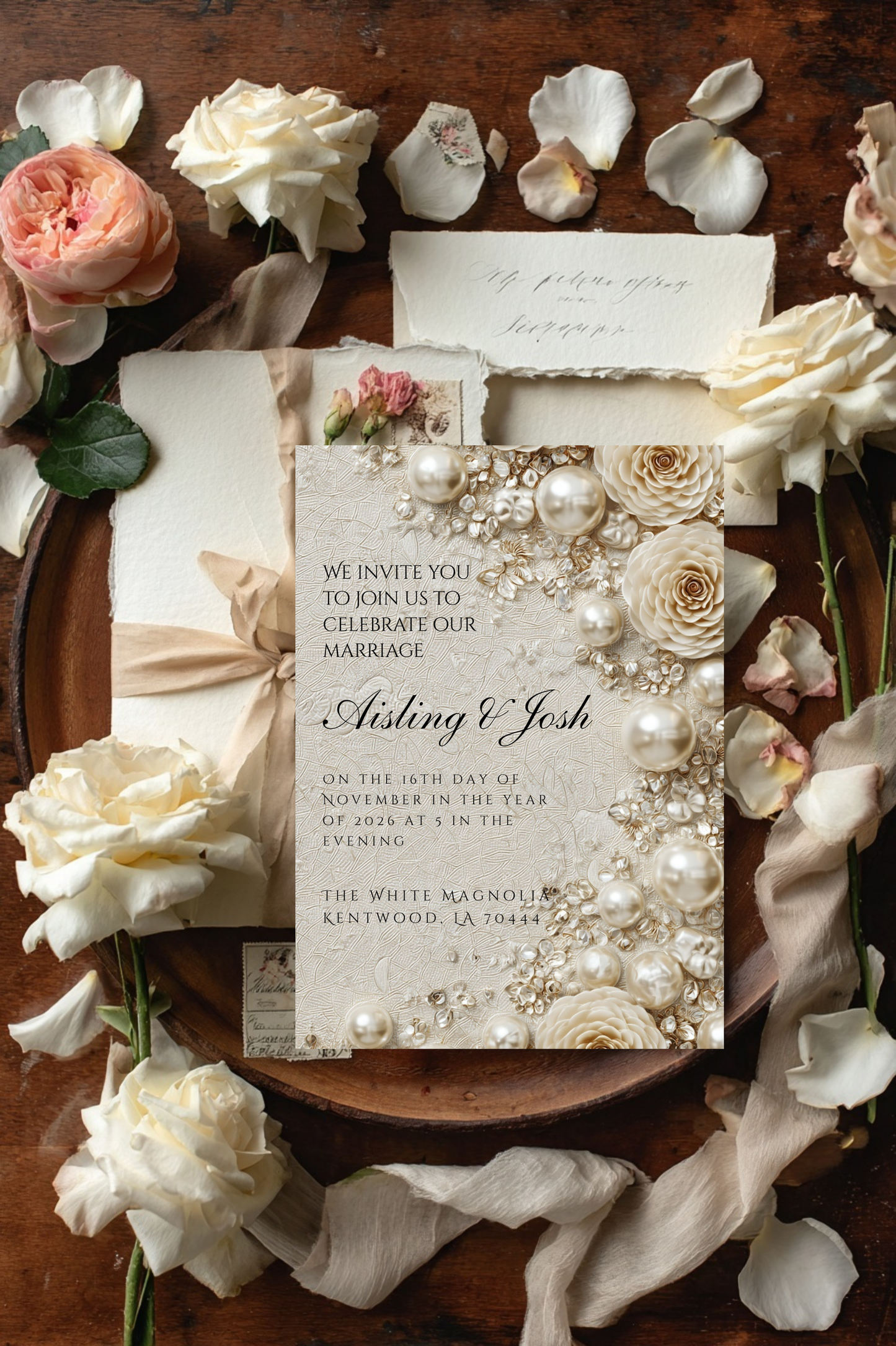 Gold Pearl Wedding Invitation Template | Timeless Romantic Bridal Invitation | Editable Canva Design