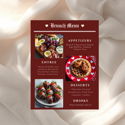 Galentine’s Brunch Menu Template | Luxury Editorial Newspaper Style Menu | Valentine Brunch, Bridal Shower | Canva