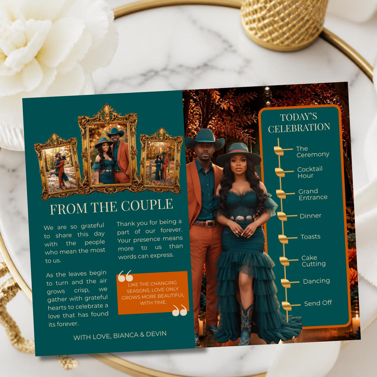 Wedding magazine program inside page titled “From the couple” with schedule-style text and photo.