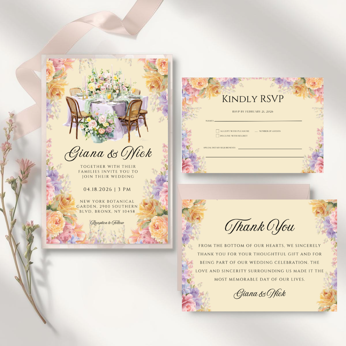 Romantic Floral Wedding Invitation Suite Canva Template | Editable Save the Date, RSVP, Details, Thank You