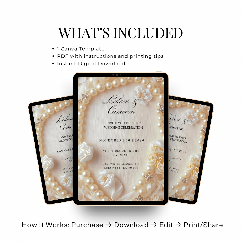 Elegant Pearl Wedding Invitation Template: Ivory Roses (Digital Download)