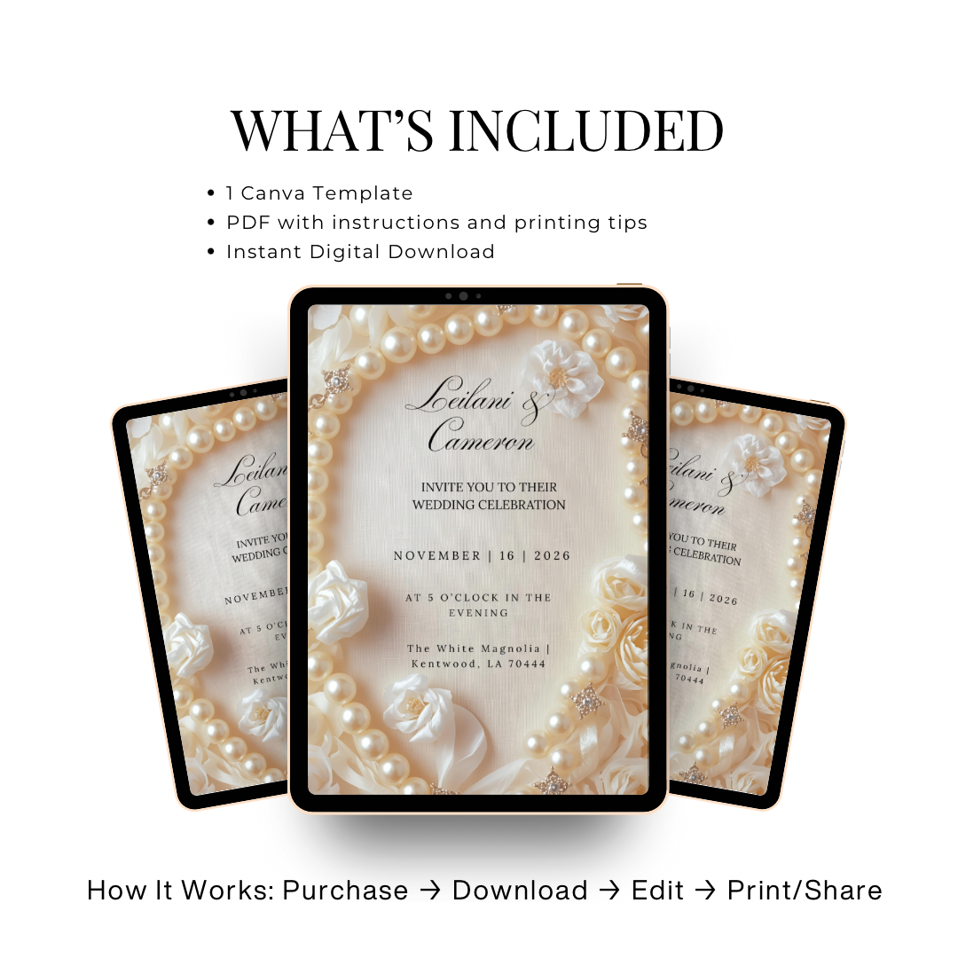 Elegant Pearl Wedding Invitation Template: Ivory Roses (Digital Download)