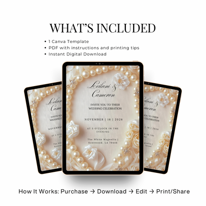 Elegant Pearl Wedding Invitation Template: Ivory Roses (Digital Download)