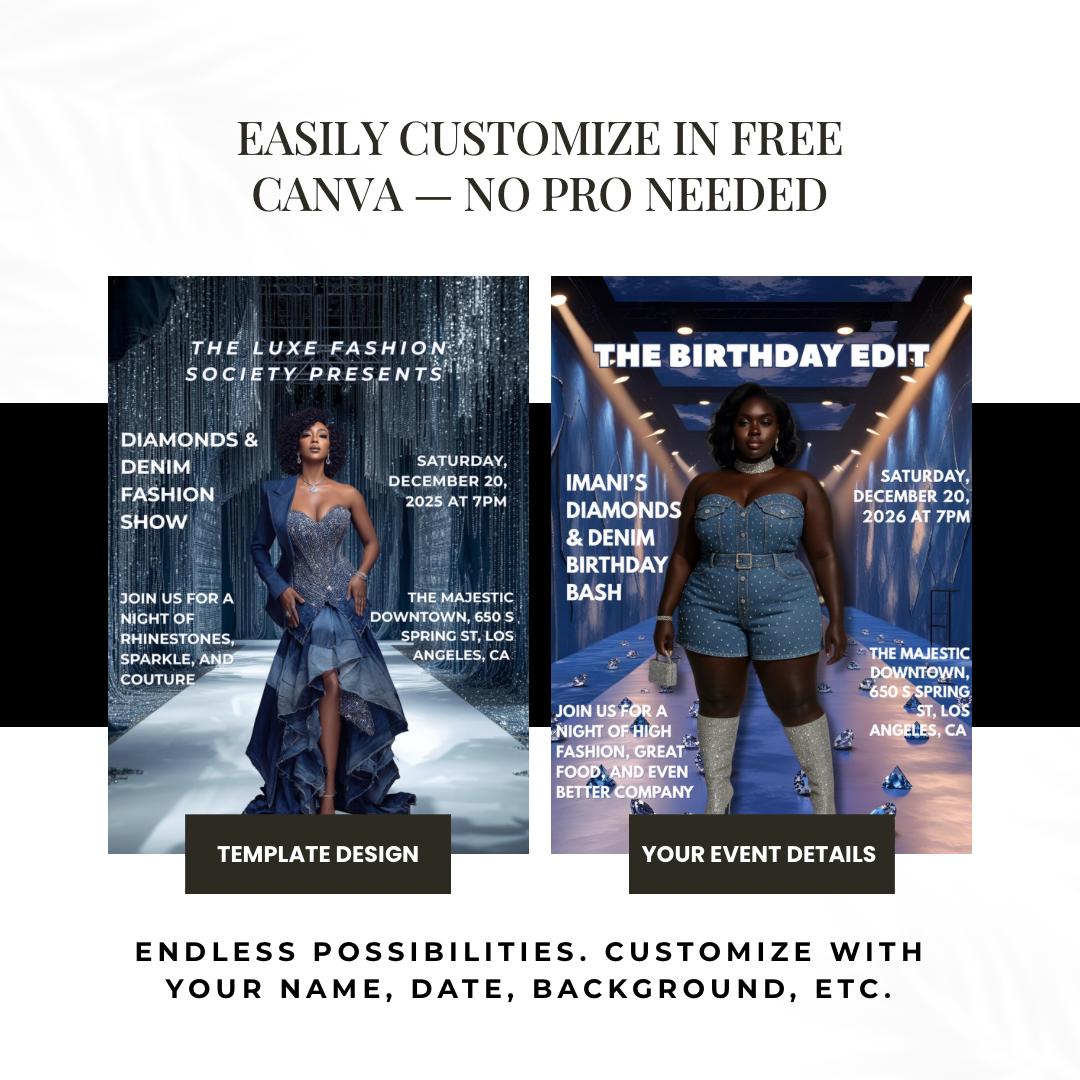 Diamonds & Denim Flyer Canva Template | Luxury Fashion Show Flyer | Editable Party Invite