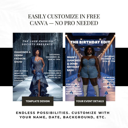Diamonds & Denim Flyer Canva Template | Luxury Fashion Show Flyer | Editable Party Invite