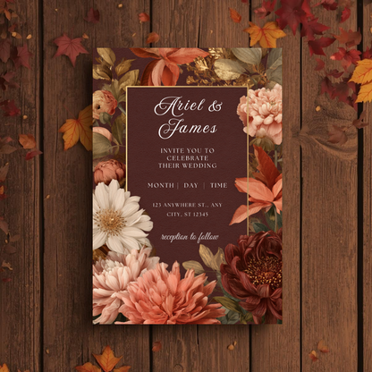 Burgundy & Peach Floral Wedding Invitation Template | Elegant Fall Printable | Canva Design