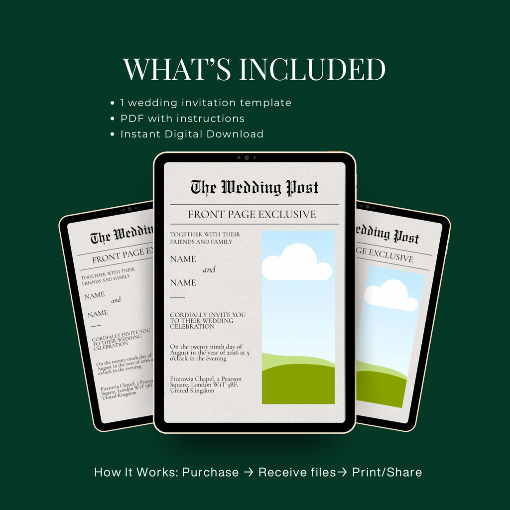 Editorial Newspaper Wedding Invitation Canva Template | Modern Wedding Invite | 5x7 Printable