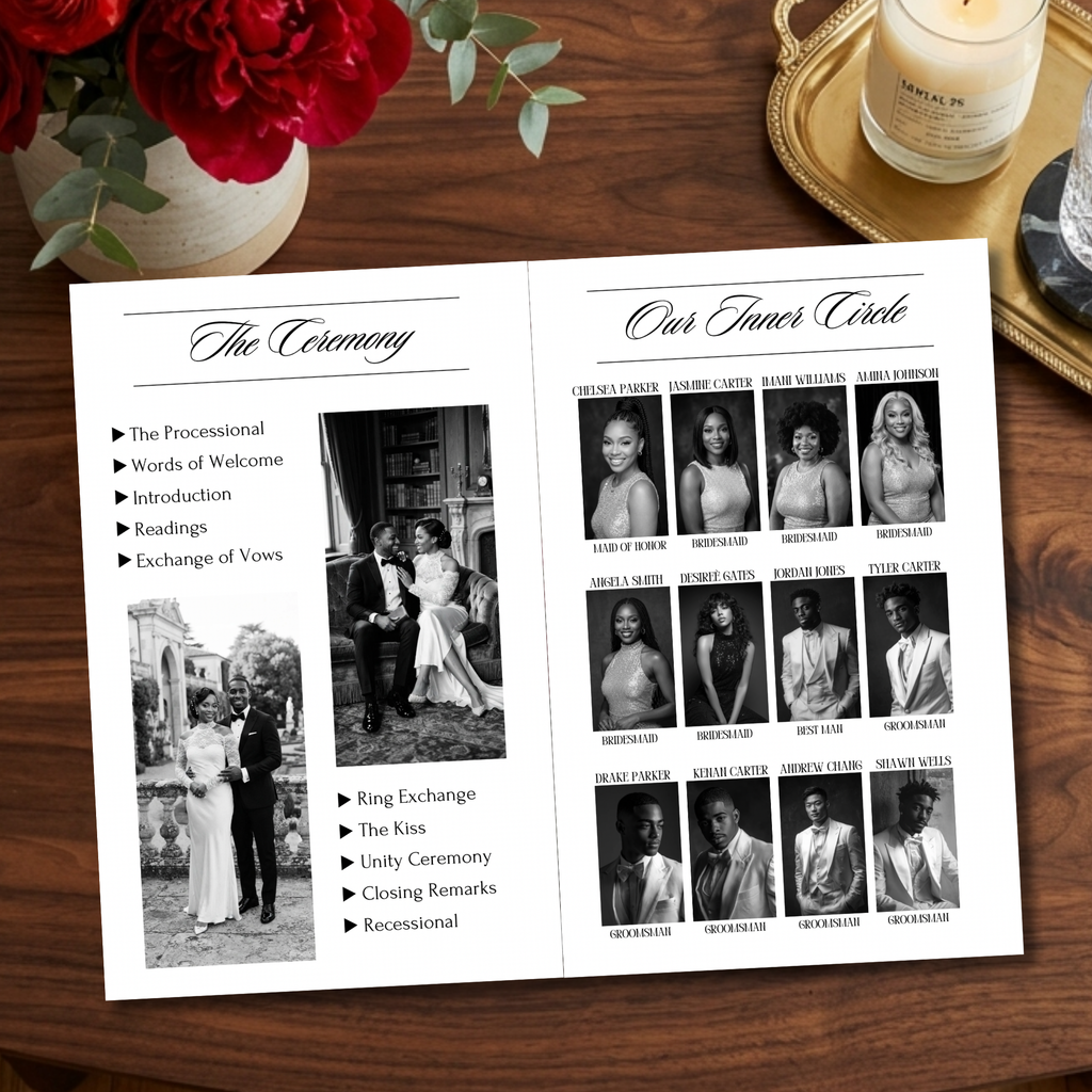 Wedding ceremony program open spread with ceremony list and photo grid