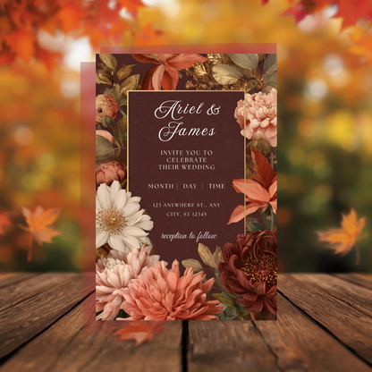 Burgundy & Peach Floral Wedding Invitation Template | Elegant Fall Printable | Canva Design