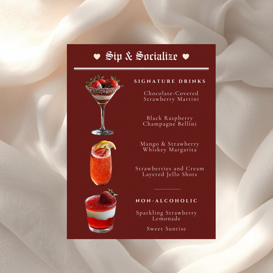 Galentine’s Bar Menu Template | Luxury Editorial Cocktail Menu | Valentine Brunch Drinks Sign | Canva