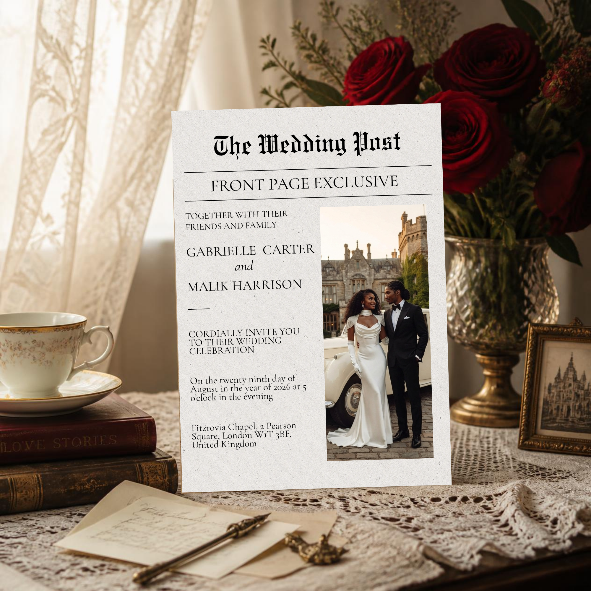 Editorial Newspaper Wedding Invitation Canva Template | Modern Wedding Invite | 5x7 Printable