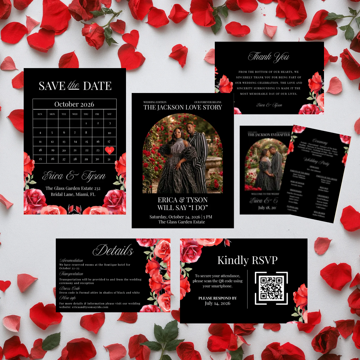 The Love Edit Vol. 2 | Luxe Black and Red Rose Editorial Wedding Suite | Fully Editable in Canva