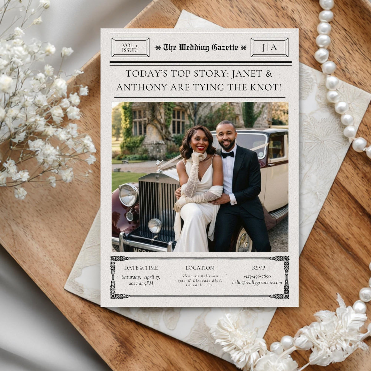Newspaper-style wedding invitation template with photo and date details, editable layout
