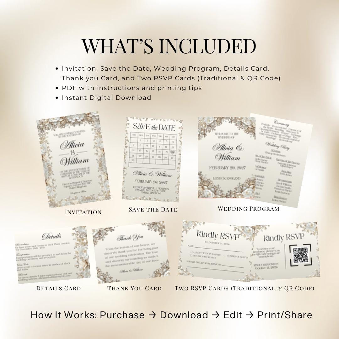 Wedding invitation suite template included cards overview: Save the Date and RSVP QR