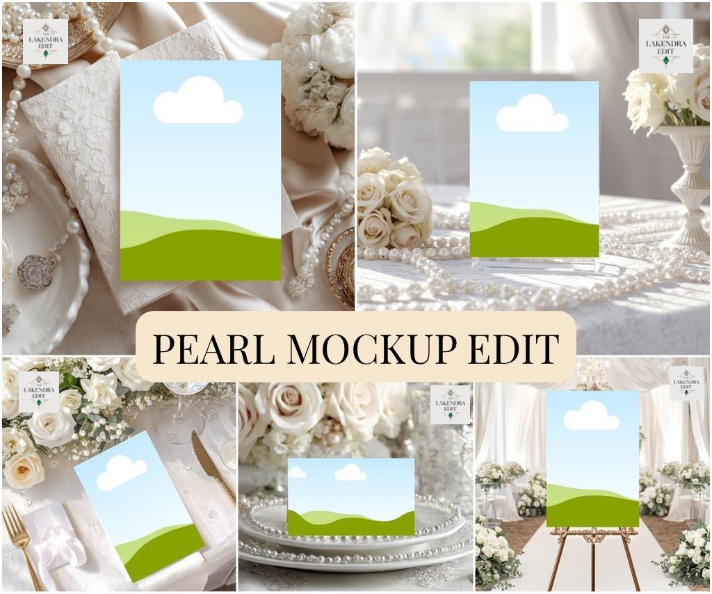 Wedding mockup template collage with white cloud header and green landscape base