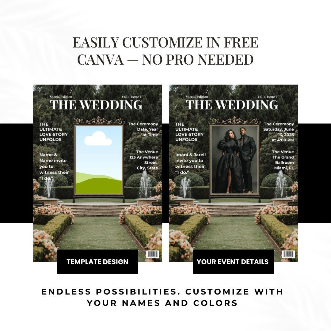Wedding invitation template preview with two dark covers labeled template design and details